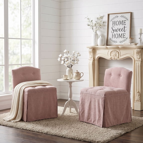 Dayalane Farmhouse Tufted Vanity Chair with Wheels Set of 2, Linen Upholstered Skirted Slipper Accent Chair with Low Back & Metal Legs, Armless Rolling Desk Stool for Living Bedroom,Pink