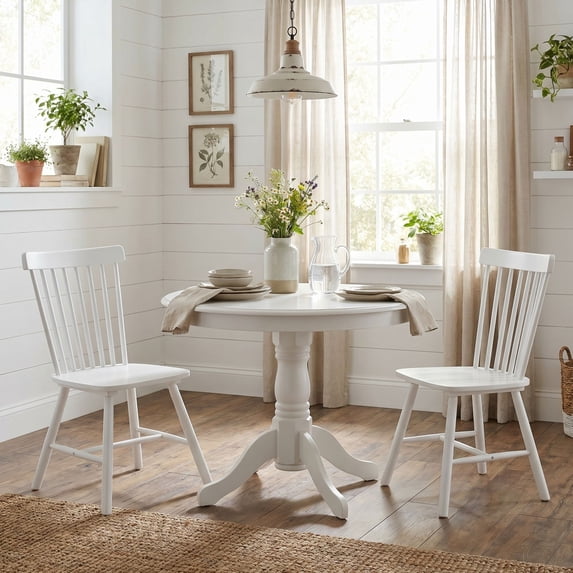 Dayalane Farmhouse Windsor Dining Chairs Set of 2, Solid Wood Spindle Back Dining Side Chairs, Mid-Century French Country Oak Kitchen Chairs for Dining Room Living Room Kitchen Restaurant, White