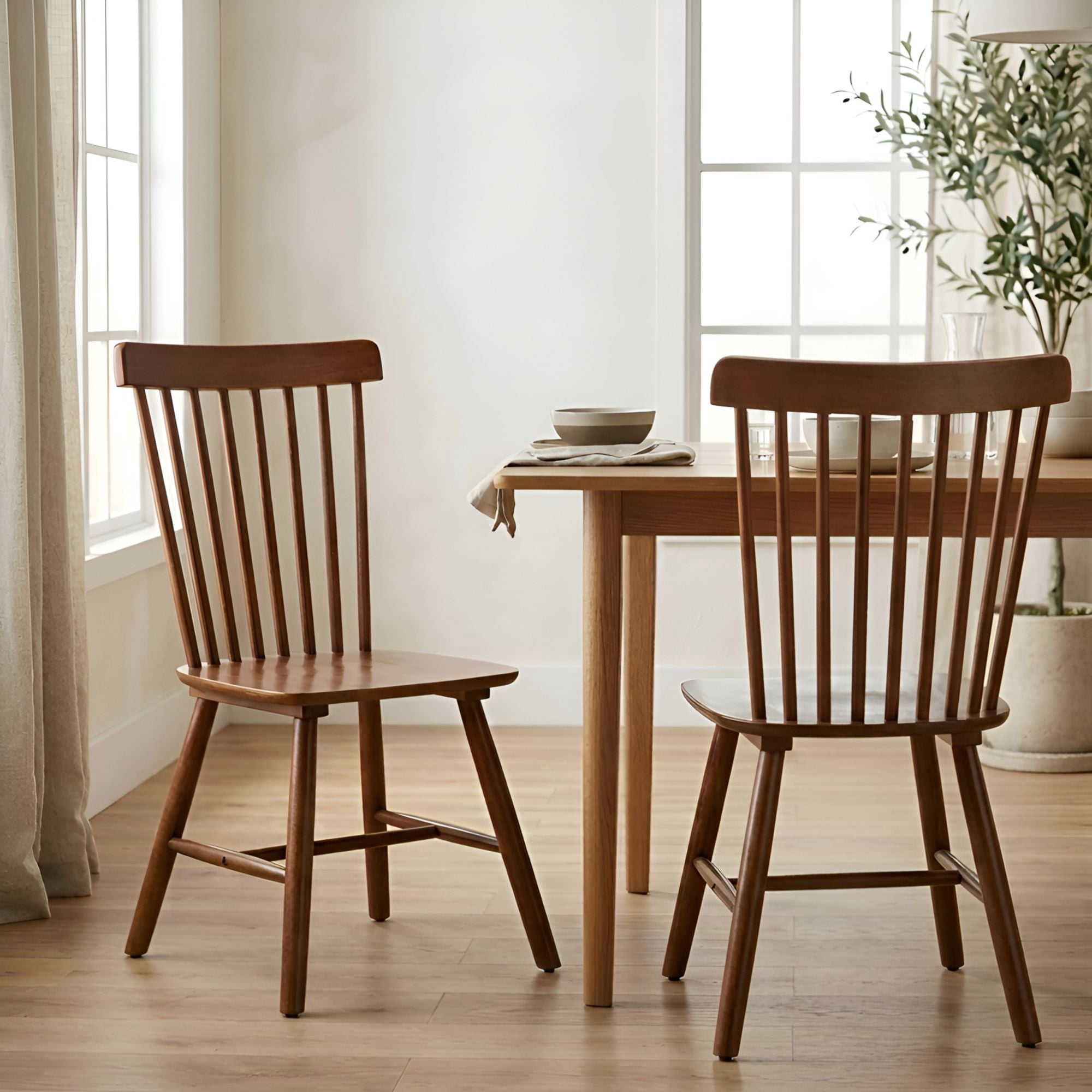 Dayalane Farmhouse Windsor Dining Chairs Set of 2, Solid Wood Spindle Back Dining Side Chairs, Mid-Century French Country Oak Kitchen Chairs for Dining Room Living Room Kitchen Restaurant, Walnut