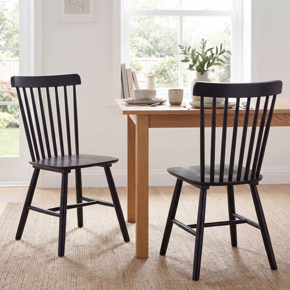 Dayalane Farmhouse Windsor Dining Chairs Set of 2, Solid Wood Spindle Back Dining Side Chairs, Mid-Century French Country Oak Kitchen Chairs for Dining Room Living Room Kitchen Restaurant, Black
