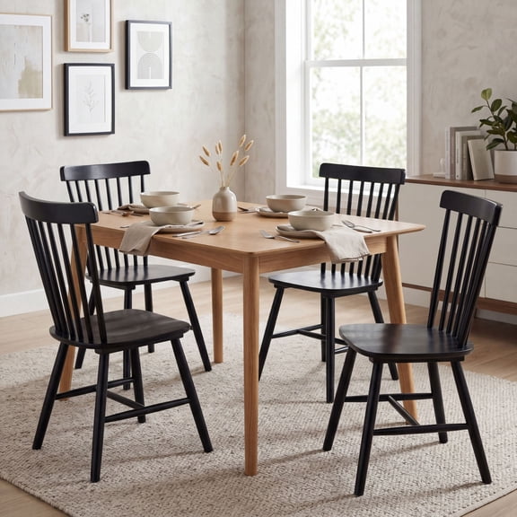 Dayalane Farmhouse Windsor Dining Chairs Set of 4, Solid Wood Spindle Back Dining Side Chairs, Mid-Century French Country Oak Kitchen Chairs for Dining Room Living Room Kitchen Restaurant, Black
