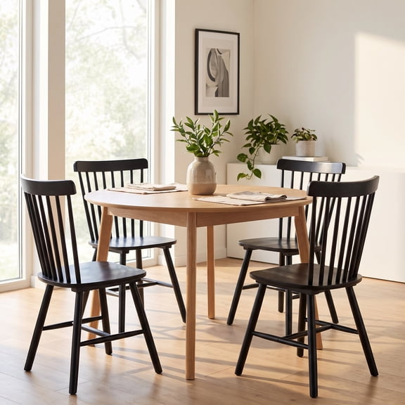 Dayalane Farmhouse Windsor Dining Chairs Set of 4, Solid Wood Spindle Back Dining Side Chairs, Mid-Century French Country Oak Kitchen Chairs for Dining Room Living Room Kitchen Restaurant, Black