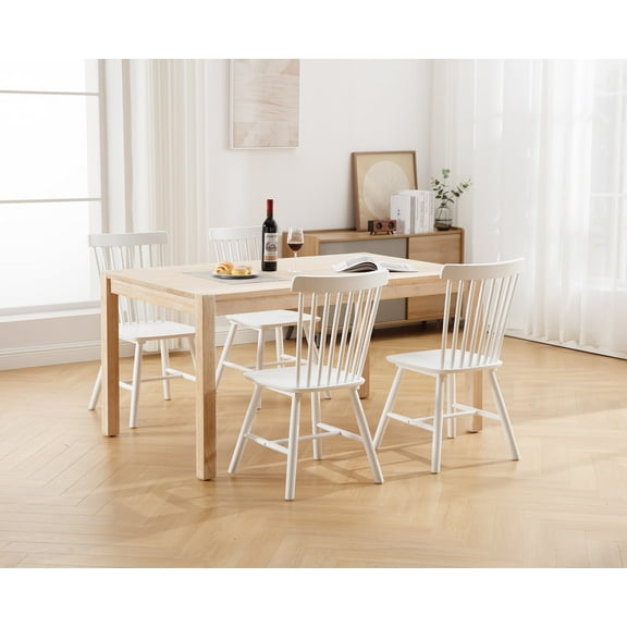 Dayalane Farmhouse Windsor Dining Chairs Set of 4, Solid Wood Spindle Back Dining Side Chairs, Mid-Century French Country Oak Kitchen Chairs for Dining Room Living Room Kitchen Restaurant, White