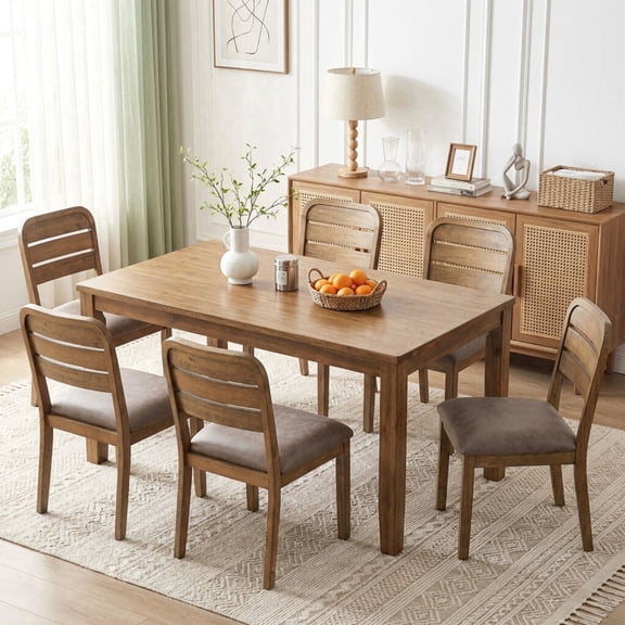 Dayalane Farmhouse Wooden Dining Chairs Set of 6, PU Faux Leather Upholstered Dining Room Chairs with Ladder Back & Thick Padded Seat, Rustic Country Side Chairs for Dining Living Kitchen, Brown