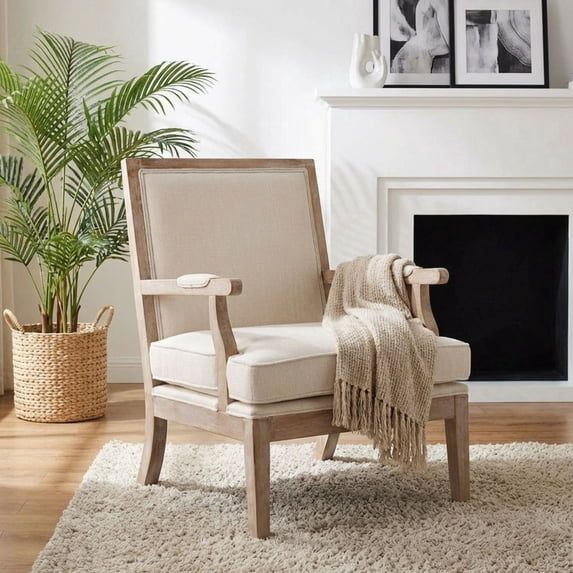 Dayalane French country Accent Chair, Linen Upholstered Reading Chair with Removable Cushion & Solid Wood Frame Lounge Armchair for Living Room Reception Room Bedroom, Beige
