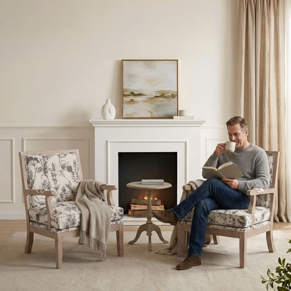 Dayalane French country Accent Chair Set of 2, Linen Upholstered Reading Chair with Removable Cushion & Solid Wood Frame Lounge Armchair for Living Room Reception Room Bedroom, Floral Pattern