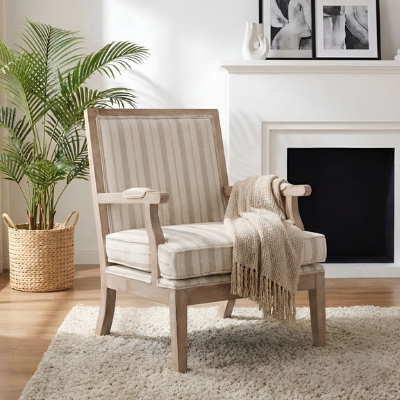 Dayalane French country Stripe Accent Chair, Linen Upholstered Reading Chair with Removable Cushion & Solid Wood Frame Lounge Armchair for Living Room Reception Room Bedroom,Khaki Stripe