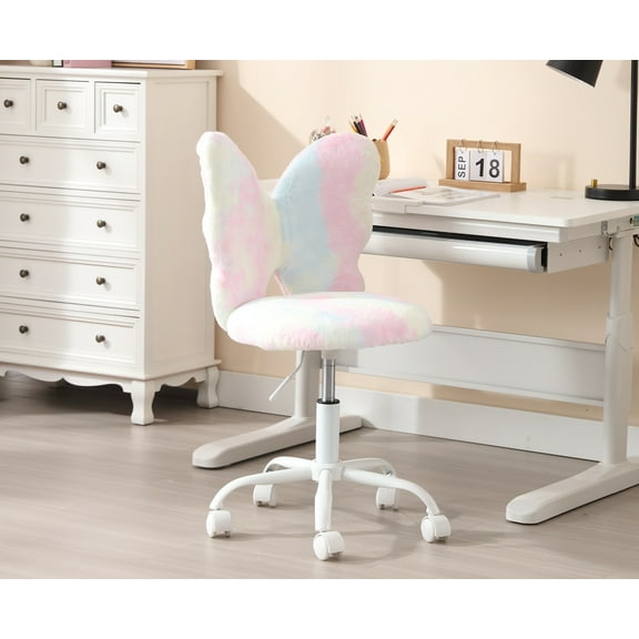 Dayalane Kids Desk Chair, Butterfly Faux Fur Girls Study Chair, Adjustable Child Vanity Chair Swivel Task Chair Students Reading Chair for Home Bedroom School Dorm, Macaron