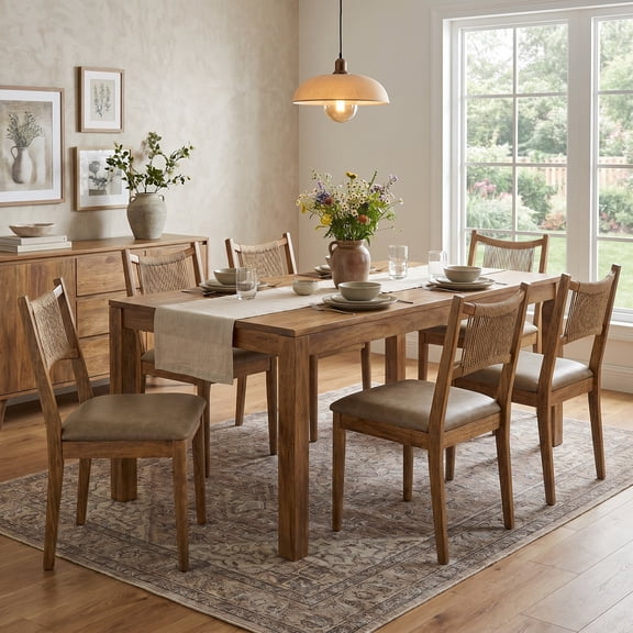 Dayalane Mid-Century Farmhouse Rattan Back Upholstered Dining Chair Set of 6, Woven Kitchen Chair with Solid Wood Frame for Breakfast, Restaurant, Bistro, Leather Brown