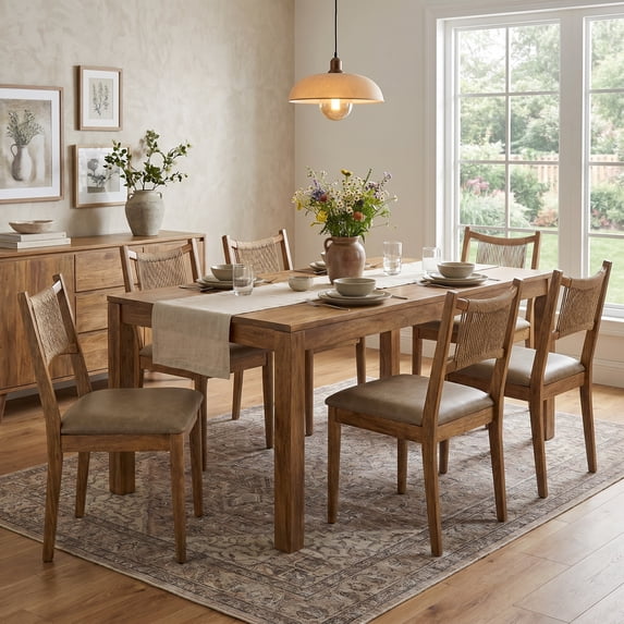 Dayalane Mid-Century Farmhouse Rattan Back Upholstered Dining Chair Set of 6, Woven Kitchen Chair with Solid Wood Frame for Breakfast, Restaurant, Bistro, Leather Brown