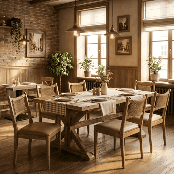 Dayalane Mid-Century Farmhouse Rattan Back Upholstered Dining Chair Set of 6, Woven Kitchen Chair with Solid Wood Frame for Breakfast, Restaurant, Bistro, Leather Brown