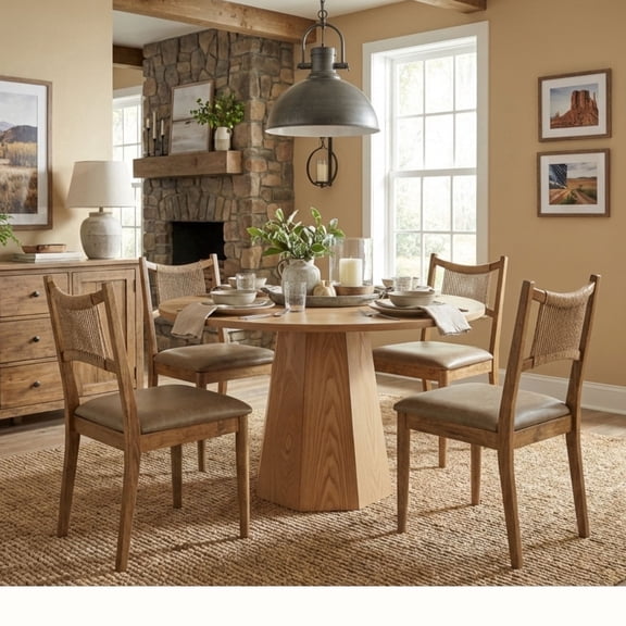Dayalane Mid-Century Farmhouse Rattan Back Upholstered Dining Chair Set of 4, Woven Kitchen Chair with Solid Wood Frame for Breakfast, Restaurant, Bistro, Leather Brown