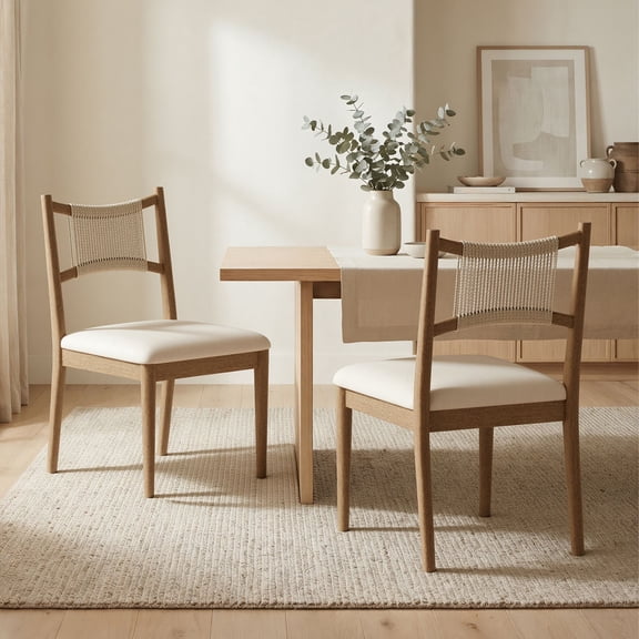 Dayalane Mid-Century Farmhouse Rattan Back Upholstered Dining Chair Set of 2, Woven Kitchen Chair with Solid Wood Frame for Breakfast, Restaurant, Bistro, Linen Beige