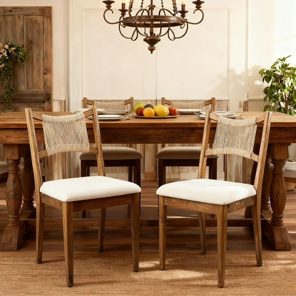 Dayalane Mid-Century Farmhouse Rattan Back Upholstered Dining Chair Set of 2, Woven Kitchen Chair with Solid Wood Frame for Breakfast, Restaurant, Bistro, Linen Beige