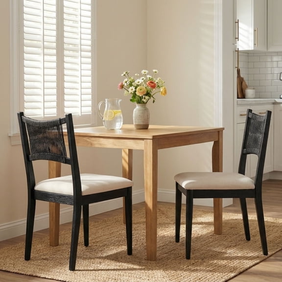 Dayalane Mid-Century Farmhouse Rattan Back Upholstered Dining Chair Set of 2, Woven Kitchen Chair with Solid Wood Frame for Breakfast, Restaurant, Bistro, Linen Black