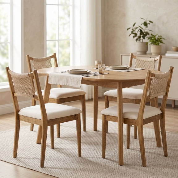 Dayalane Mid-Century Farmhouse Rattan Back Upholstered Dining Chair Set of 4, Woven Kitchen Chair with Solid Wood Frame for Breakfast, Restaurant, Bistro, Linen Beige