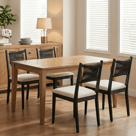 Dayalane Mid-Century Farmhouse Rattan Back Upholstered Dining Chair Set of 4, Woven Kitchen Chair with Solid Wood Frame for Breakfast, Restaurant, Bistro, Linen Black