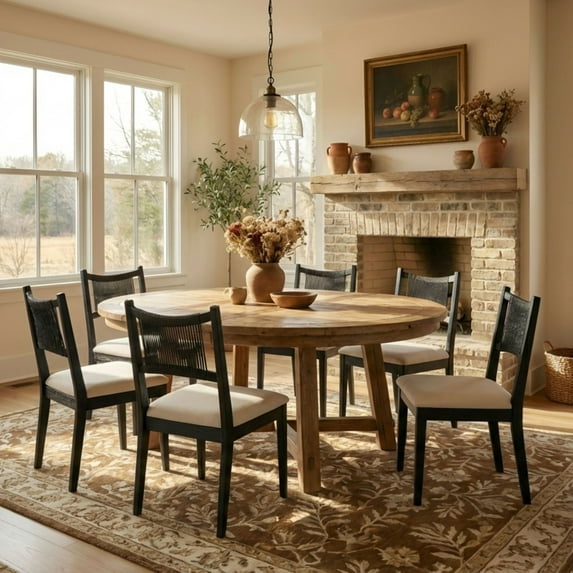 Dayalane Mid-Century Farmhouse Rattan Back Upholstered Dining Chair Set of 6, Woven Kitchen Chair with Solid Wood Frame for Breakfast, Restaurant, Bistro, Linen Black