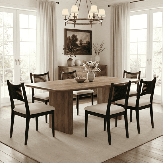 Dayalane Mid-Century Farmhouse Rattan Back Upholstered Dining Chair Set of 6, Woven Kitchen Chair with Solid Wood Frame for Breakfast, Restaurant, Bistro, Linen Black