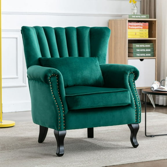 Dayalane Mid-Century Modern Accent Chair, Tufted Wingback Reading Armchair for Living Room, Bedroom, Office, Comfy Club Chair with Padded Back, Green