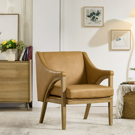 Dayalane Mid Century Modern Accent Chair, Upholstered Wide Back Armchair with Solid Wood Legs for Living Room, Lounge Armchair with Thick Cushion for Bedroom, Reading Corner, PU Brown