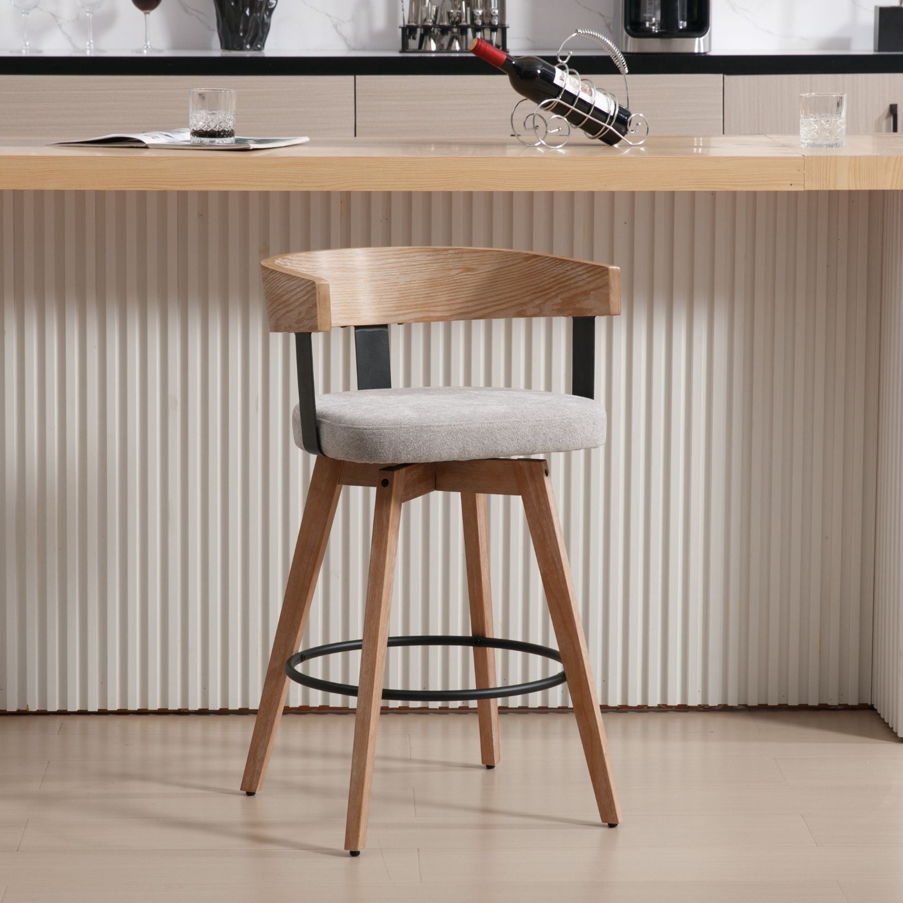 Dayalane Mid Century Modern Bar Stools Set of 1, 26" Swivel Counter Stools with Barrel Back, Linen Upholstered Barstools with Wood Legs for Kitchen Island, Dining Room, Home Bar, Grey
