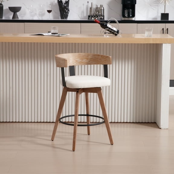 Dayalane Mid Century Modern Bar Stools Set of 1, 26" Swivel Counter Stools with Barrel Back, Linen Upholstered Barstools with Wood Legs for Kitchen Island, Dining Room, Home Bar, White