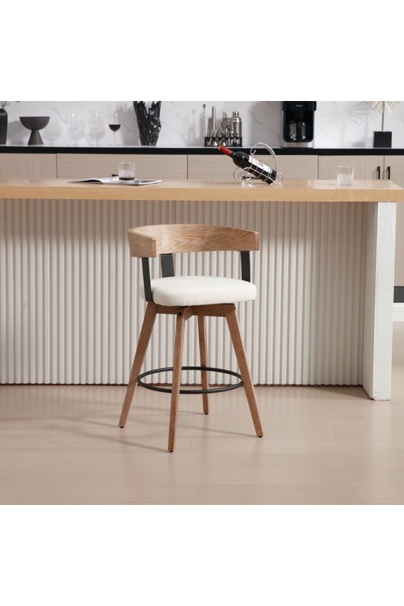 Mid Century Modern Bar Stools Set of 1, 26" Swivel Counter Stools with Barrel Back, Linen Upholstered Barstools with Wood Legs for Kitchen Island, Dining Room, Home Bar, White