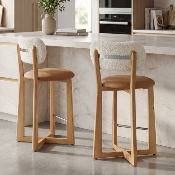 Dayalane Mid Century Modern Bar Stools Set of 2, 26" Counter Height Faux Leather Upholstered Stools with Curved Back, X-Shape Wood Legs for Kitchen Island, Dining Room, Brown