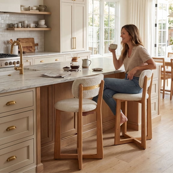 Dayalane Mid Century Modern Bar Stools Set of 2, 26" Counter Height Sherpa Upholstered Stools with Curved Back, X-Shape Wood Legs for Kitchen Island, Dining Room, Beige