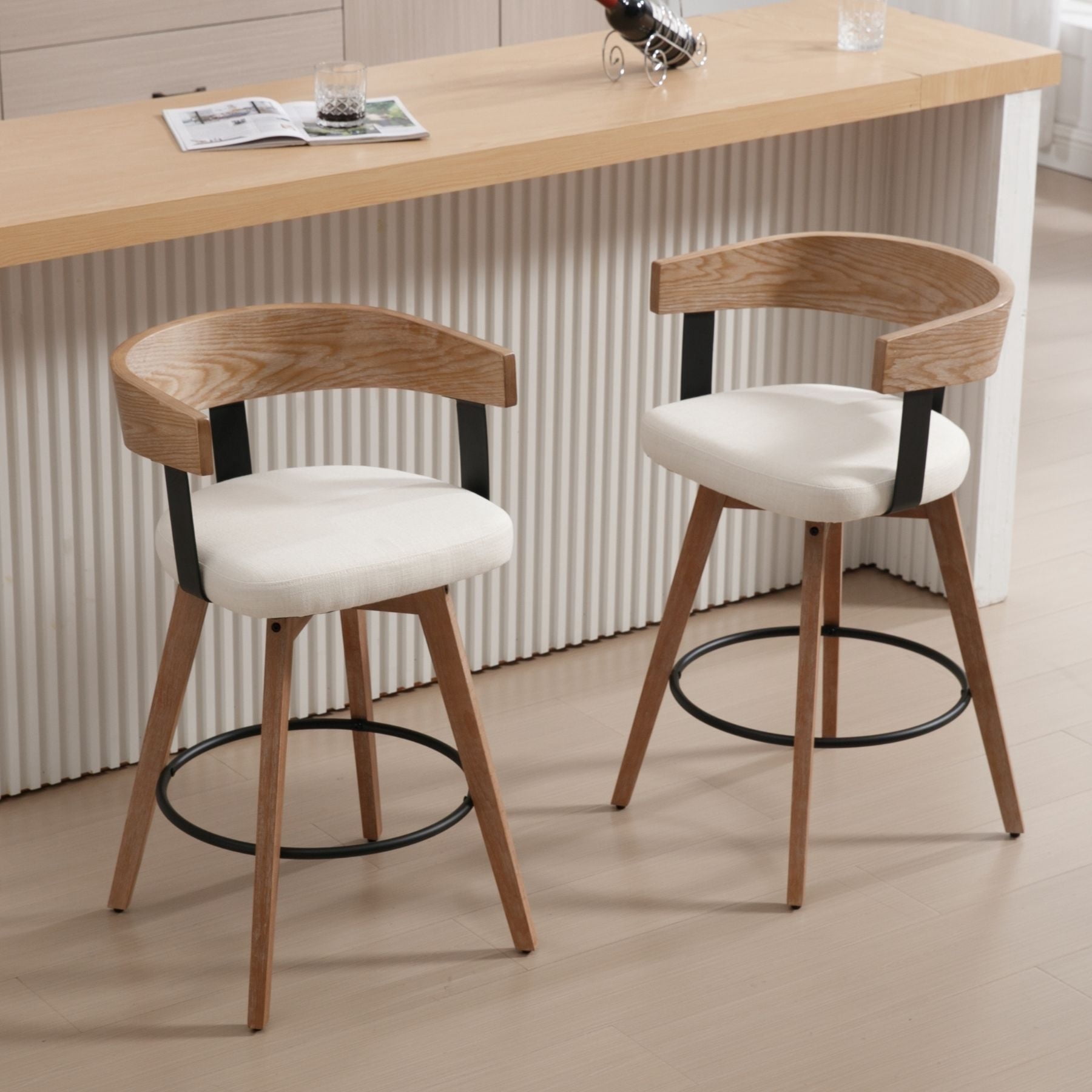 Dayalane Mid Century Modern Bar Stools Set of 2, 26" Swivel Counter Stools with Barrel Back, Linen Upholstered Barstools with Wood Legs for Kitchen Island, Dining Room, Home Bar, White