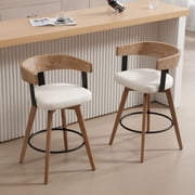 Dayalane Mid Century Modern Bar Stools Set of 2, 26 Swivel Counter Stools with Barrel Back, Linen Upholstered Barstools with Wood Legs for Kitchen Island, Dining Room, Home Bar, White