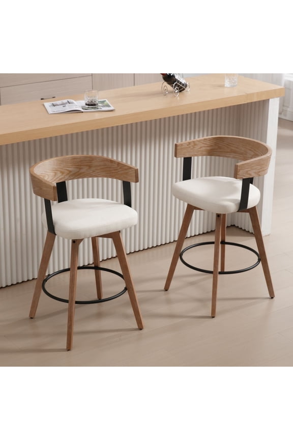 Mid Century Modern Bar Stools Set of 2, 26" Swivel Counter Stools with Barrel Back, Linen Upholstered Barstools with Wood Legs for Kitchen Island, Dining Room, Home Bar, White
