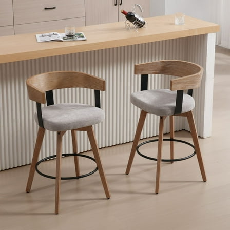 Dayalane Mid Century Modern Bar Stools Set of 2, 26" Swivel Counter Stools with Barrel Back, Linen Upholstered Barstools with Wood Legs for Kitchen Island, Dining Room, Home Bar，Grey