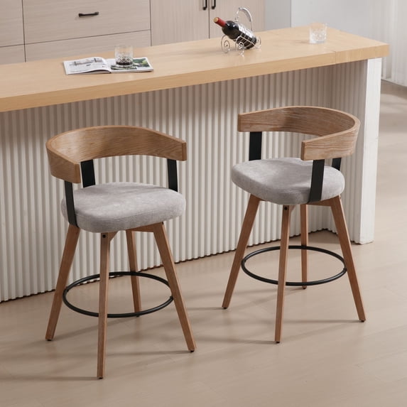 Dayalane Mid Century Modern Bar Stools Set of 2, 26" Swivel Counter Stools with Barrel Back, Linen Upholstered Barstools with Wood Legs for Kitchen Island, Dining Room, Home Bar, Grey