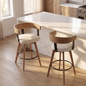 Dayalane Mid Century Modern Bar Stools Set of 2, 26" Swivel Counter Stools with Barrel Back, Linen Upholstered Barstools with Wood Legs for Kitchen Island, Dining Room, Home Bar, White