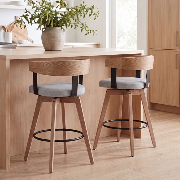 Dayalane Mid Century Modern Bar Stools Set of 2, 26" Swivel Counter Stools with Barrel Back, Linen Upholstered Barstools with Wood Legs for Kitchen Island, Dining Room, Home Bar, Grey