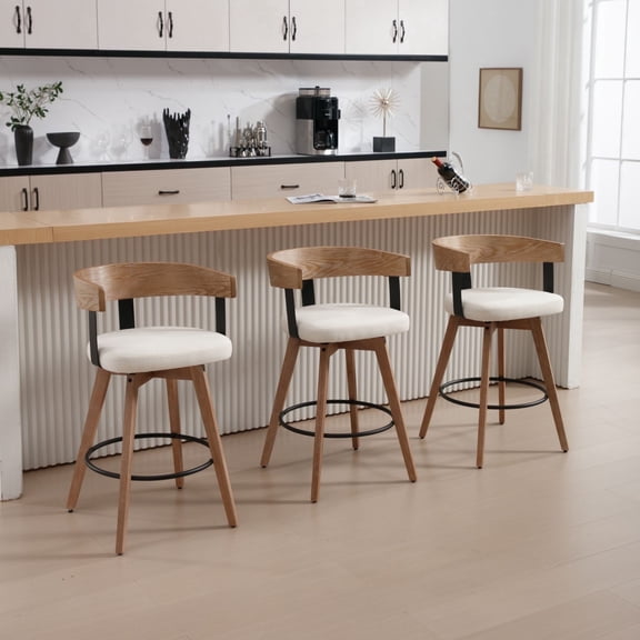 Dayalane Mid Century Modern Bar Stools Set of 3, 26" Swivel Counter Stools with Barrel Back, Linen Upholstered Barstools with Wood Legs for Kitchen Island, Dining Room, Home Bar, White