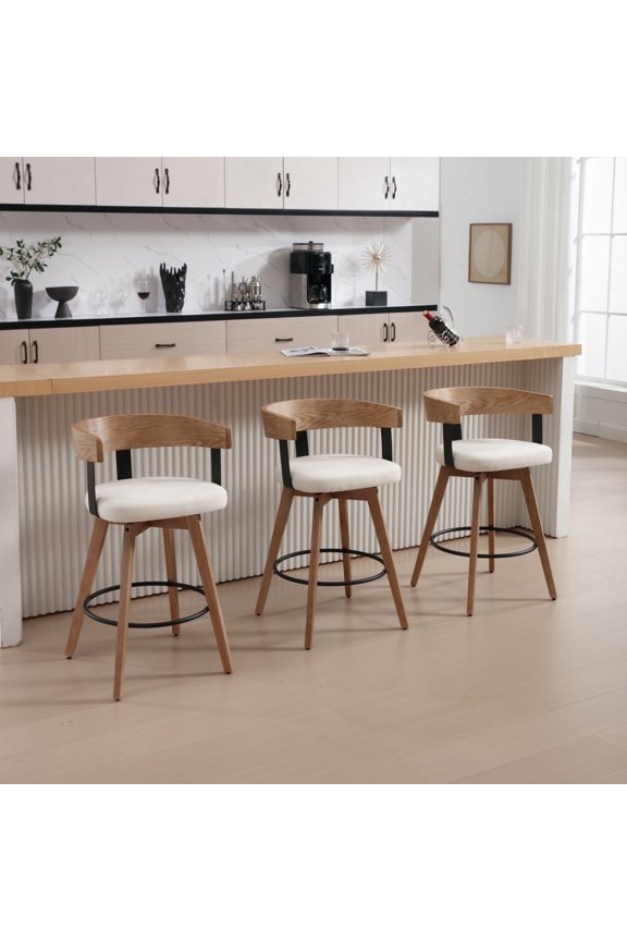 Mid Century Modern Bar Stools Set of 3, 26" Swivel Counter Stools with Barrel Back, Linen Upholstered Barstools with Wood Legs for Kitchen Island, Dining Room, Home Bar, White