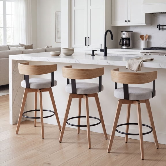 Dayalane Mid Century Modern Bar Stools Set of 3, 26" Swivel Counter Stools with Barrel Back, Linen Upholstered Barstools with Wood Legs for Kitchen Island, Dining Room, Home Bar, Grey