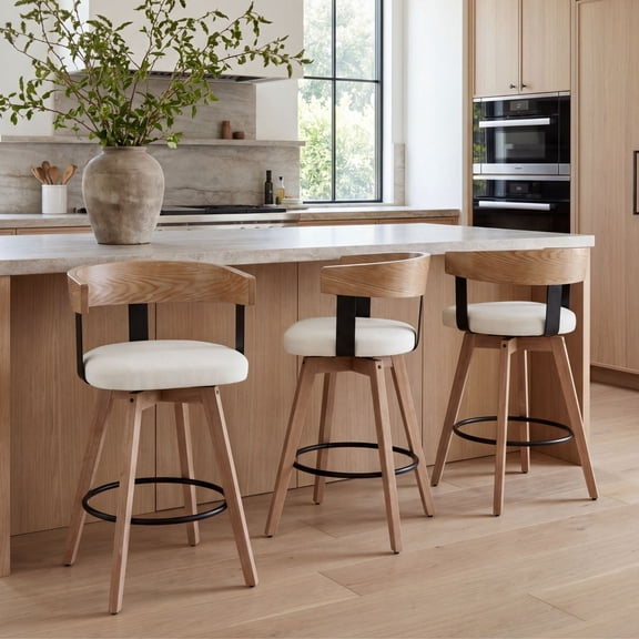 Dayalane Mid Century Modern Bar Stools Set of 3, 26" Swivel Counter Stools with Barrel Back, Linen Upholstered Barstools with Wood Legs for Kitchen Island, Dining Room, Home Bar, White