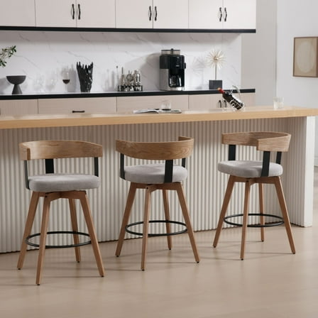 Dayalane Mid Century Modern Bar Stools Set of 3, 26" Swivel Counter Stools with Barrel Back, Linen Upholstered Barstools with Wood Legs for Kitchen Island, Dining Room, Home Bar，Grey