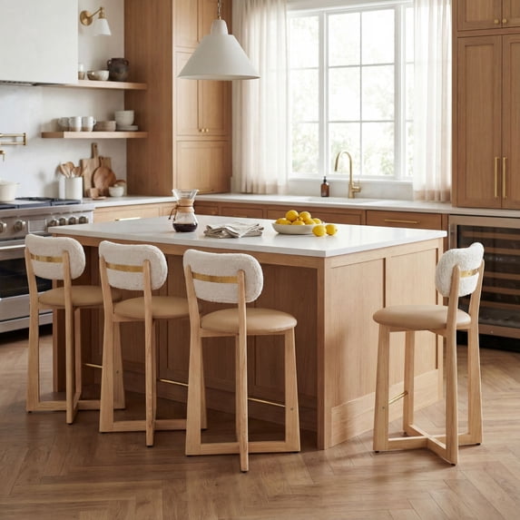 Dayalane Mid Century Modern Bar Stools Set of 4, 26" Counter Height Faux Leather Upholstered Stools with Curved Back, X-Shape Wood Legs for Kitchen Island, Dining Room, Khaki