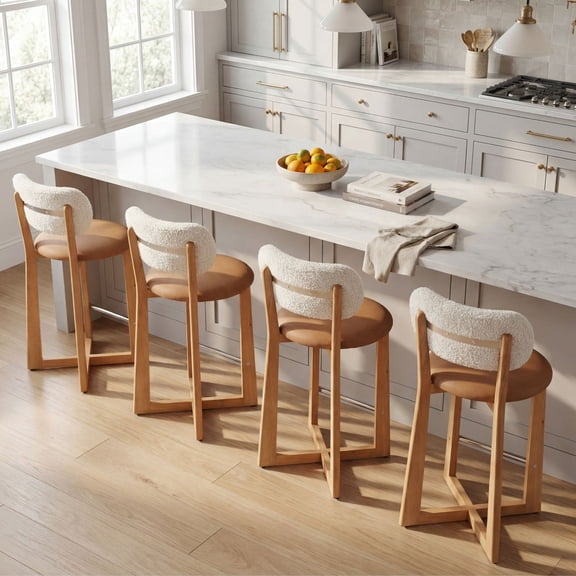 Dayalane Mid Century Modern Bar Stools Set of 4, 26" Counter Height Faux Leather Upholstered Stools with Curved Back, X-Shape Wood Legs for Kitchen Island, Dining Room, Brown