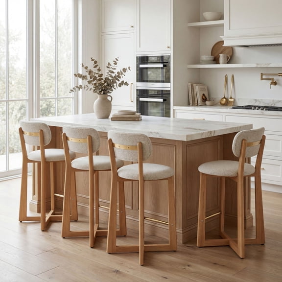 Dayalane Mid Century Modern Bar Stools Set of 4, 26" Counter Height Sherpa Upholstered Stools with Curved Back, X-Shape Wood Legs for Kitchen Island, Dining Room, Beige