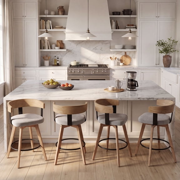Dayalane Mid Century Modern Bar Stools Set of 4, 26" Swivel Counter Stools with Barrel Back, Linen Upholstered Barstools with Wood Legs for Kitchen Island, Dining Room, Home Bar, Grey