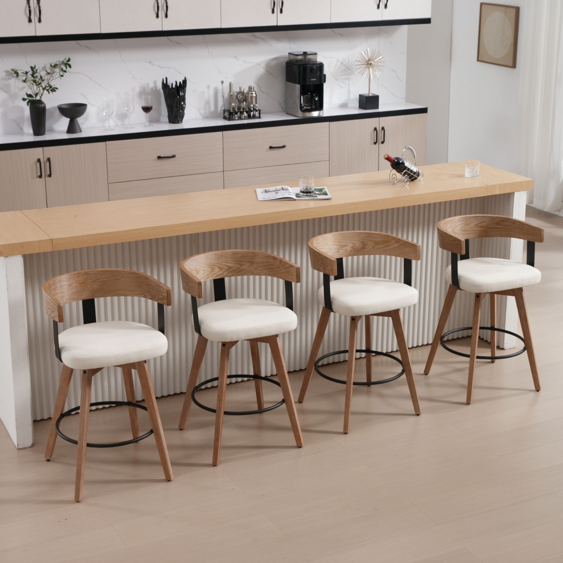 Dayalane Mid Century Modern Bar Stools Set of 4, 26" Swivel Counter Stools with Barrel Back, Linen Upholstered Barstools with Wood Legs for Kitchen Island, Dining Room, Home Bar, White