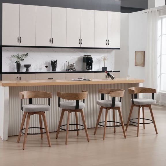 Dayalane Mid Century Modern Bar Stools Set of 4, 26" Swivel Counter Stools with Barrel Back, Linen Upholstered Barstools with Wood Legs for Kitchen Island, Dining Room, Home Bar, Grey