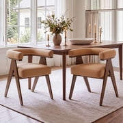 Dayalane Mid Century Modern Brown Leather Dining Chairs Set of 2, Upholstered Barrel Armchairs with Curved Back, Walnut Wood Legs, Accent Kitchen Chairs for Dining Room