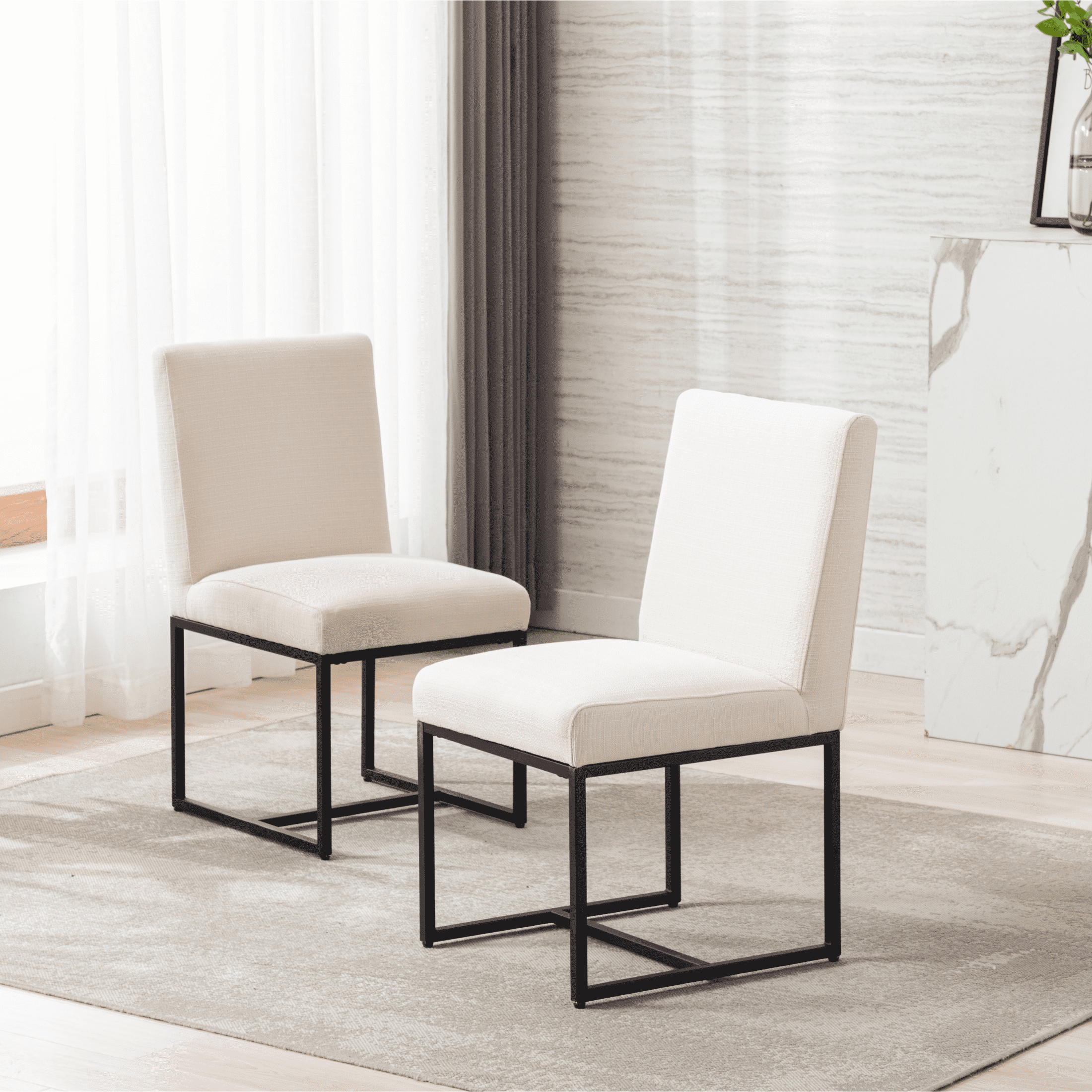 Dayalane Mid Century Modern Dining Chairs Set of 2, Beige Linen Upholstered Kitchen & Dining Room Chairs with Black Metal Frame, Armless Side Chairs for Living Room"